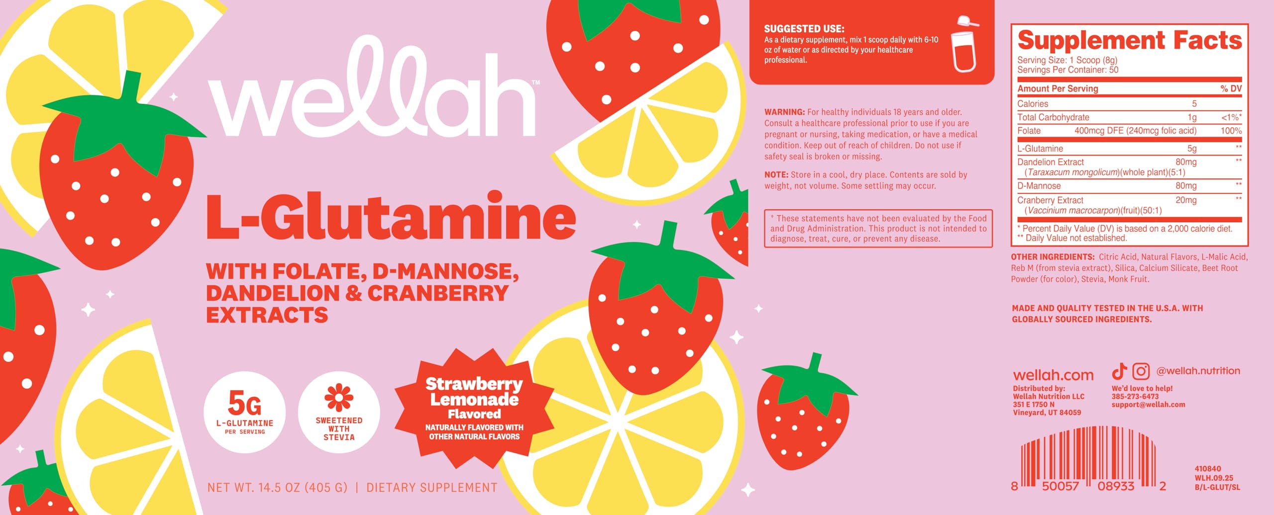 Wellah L-Glutamine Strawberry Lemonade Flavored (50 Servings) - 5g L-Glutamine Per Serving, Sweetened with Stevia Wellah buy australia supplements