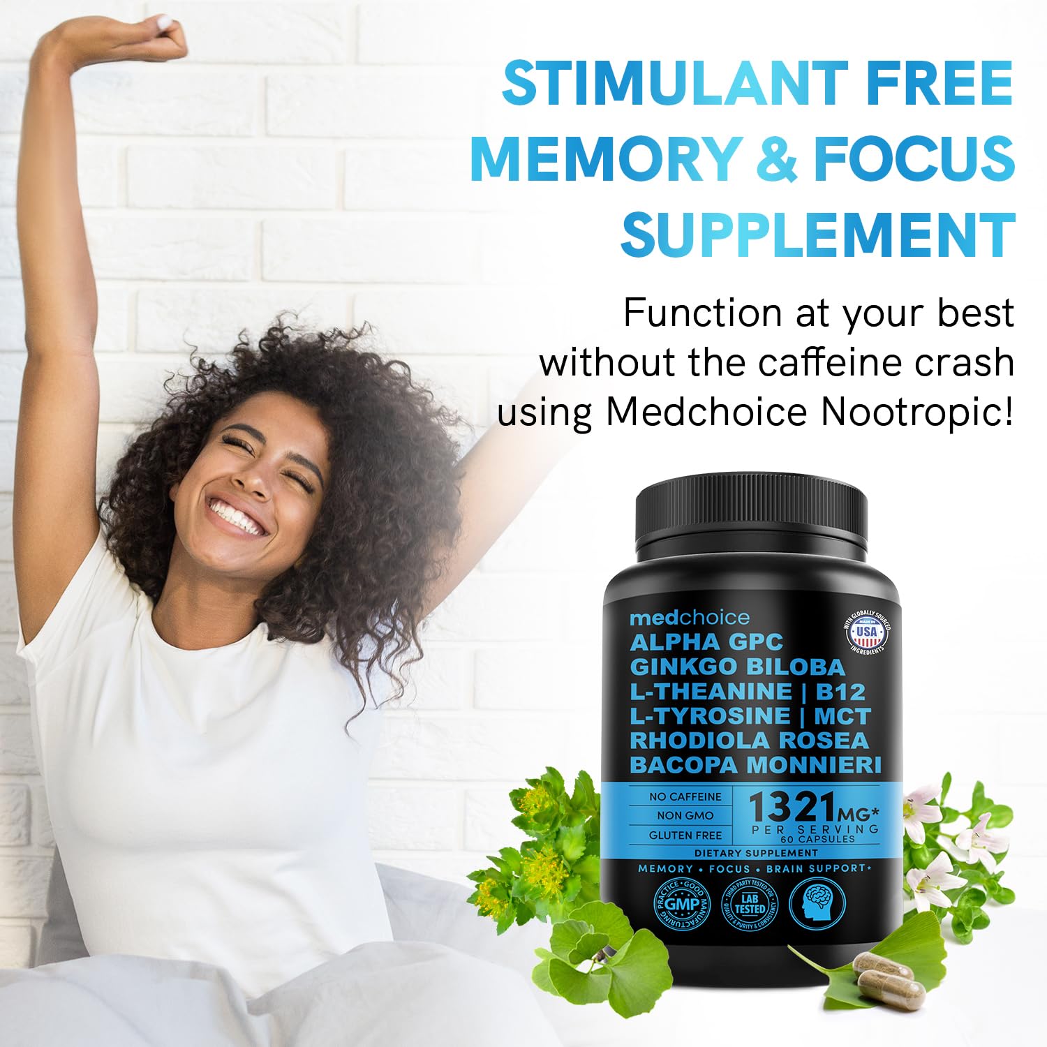 12-in-1 Nootropic Brain Supplement Anhydrous: Ginkgo Biloba for Brain Support, Memory and Focus - B12, Alpha GPC, L Theanine and Choline Supplements with Bioperine non Caffeinated 1321mg (120ct) MEDCHOICE buy australia supplements