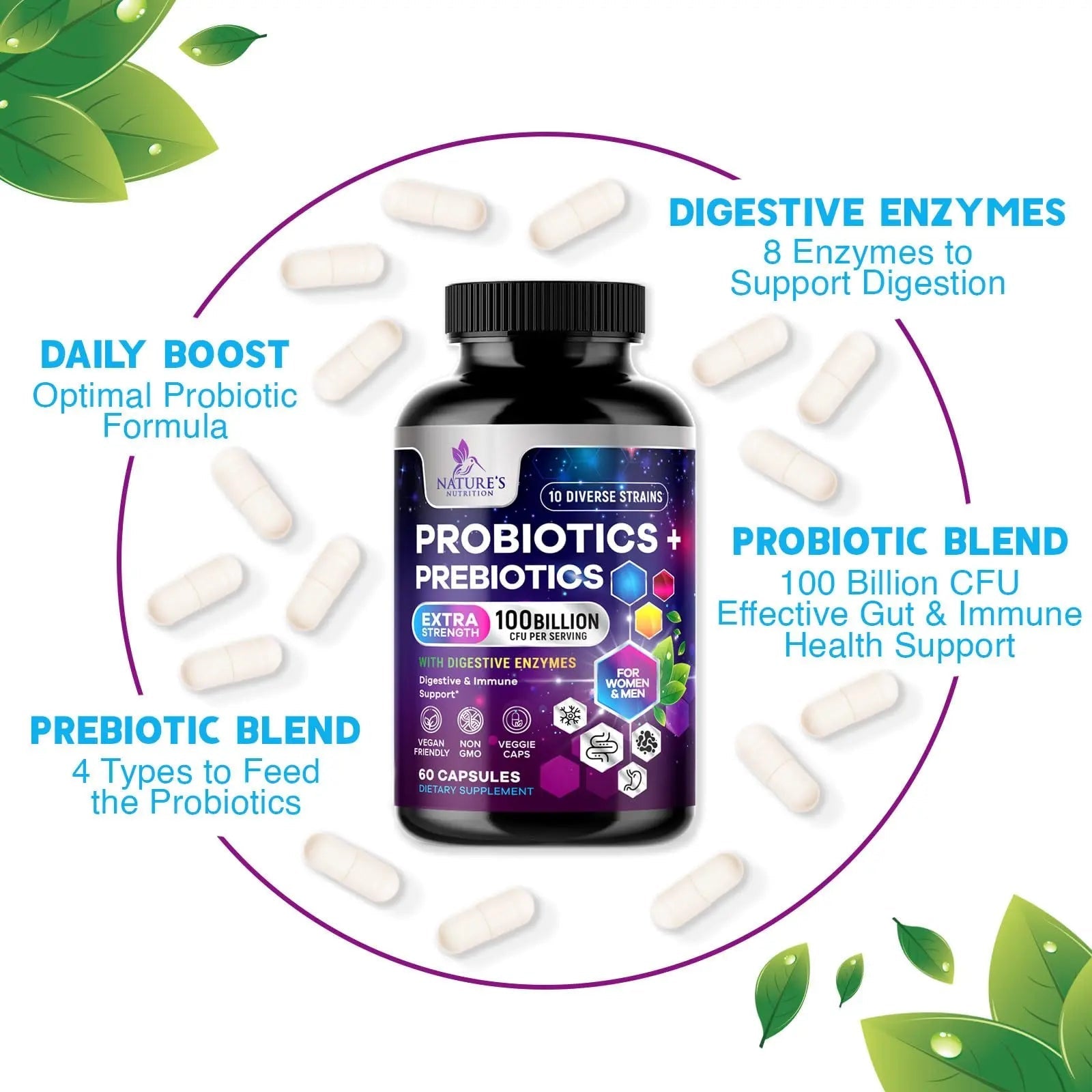 Probiotics 100 Billion CFU Per Serving - 10 Probiotic Strains & Prebiotics - Digestive Gut Health, Immune Support & Occasional Constipation, Gas & Bloating - Daily Supplement For Adults - 60 Capsules Nature's Nutrition buy australia supplements