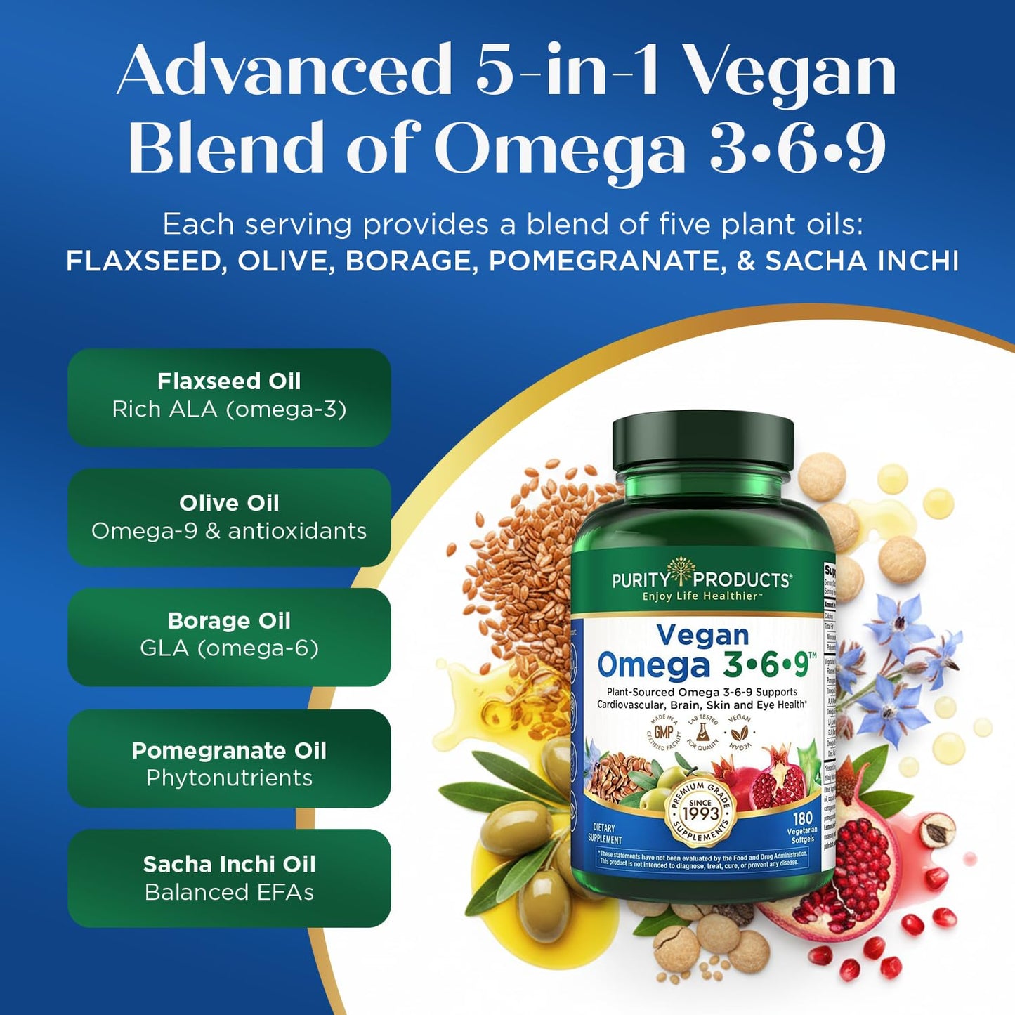Purity Products Vegan Omega 3 6 9 Formula - “5 in 1” Essential Fatty Acid Complex - Scientifically Formulated Plant-Based Vegan Omega 3-6-9 Essential Fatty Acids Purity Products