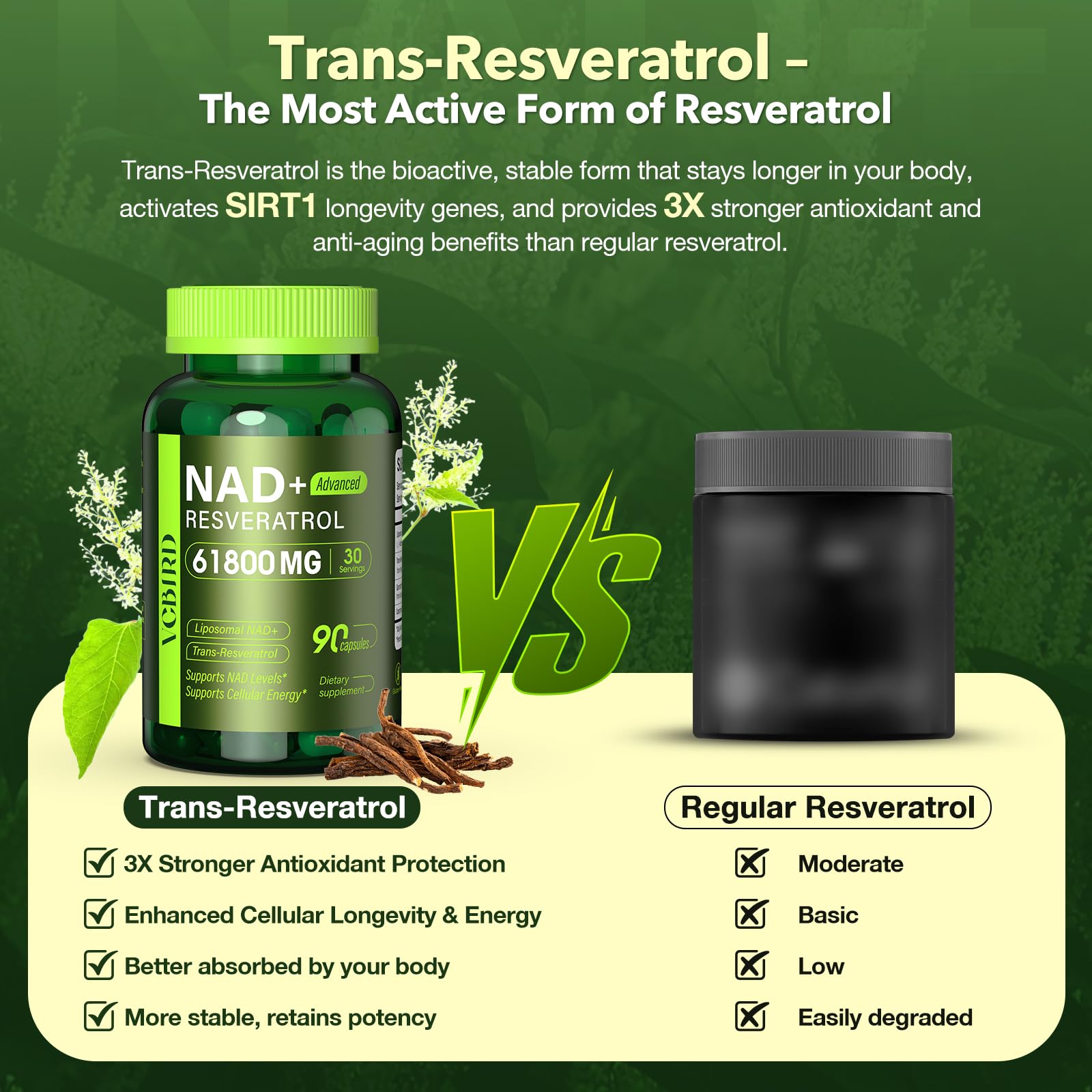 Nad Resveratrol Supplement 61800mg Per Bottle – Liposomal Nad+ Resveratrol for Women & Men – High Purity 1200mg Nad+ Supplement for Energy & Healthy Aging, Resveratrol, Quercetin, CoQ10 – 90 Counts VCBIRD buy australia supplements
