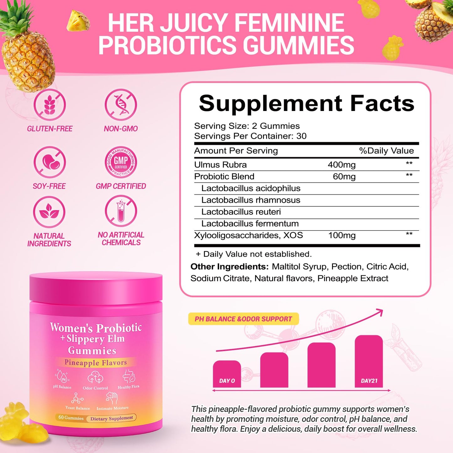 BURMINY Her Juicy Feminine Probiotics Gummies, Premium Feminine Balance Probiotics with Slippery Elm for Women's pH Balance and Freshness – Support Daily Wellness BURMINY