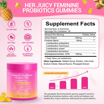 BURMINY Her Juicy Feminine Probiotics Gummies, Premium Feminine Balance Probiotics with Slippery Elm for Women's pH Balance and Freshness – Support Daily Wellness BURMINY