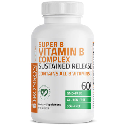 Bronson Super B Vitamin B Complex Sustained Slow Release (Vitamin B1, B2, B3, B6, B9 - Folic Acid, B12) Contains All B Vitamins 60 Tablets Bronson