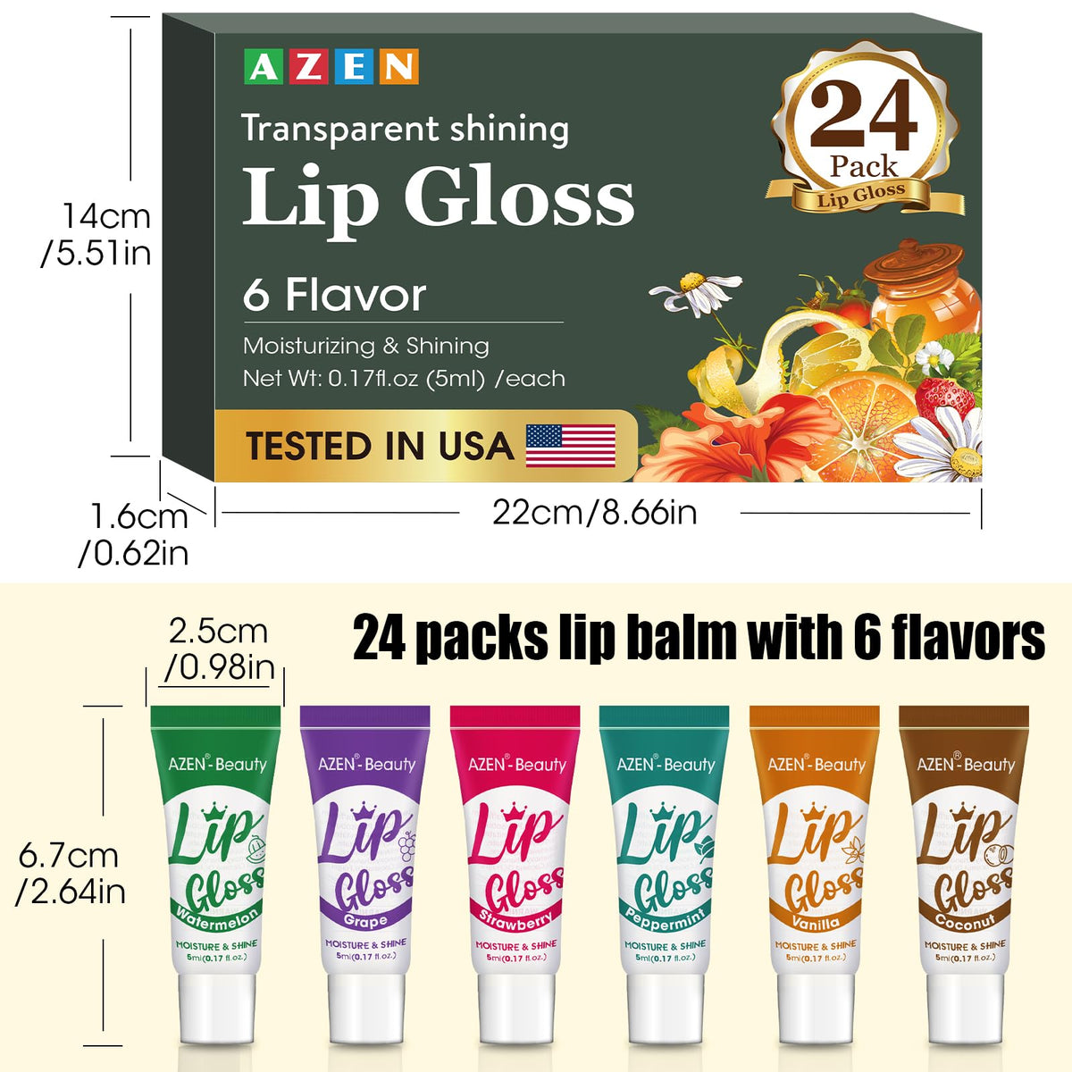 AZEN 24 Pack Lip Gloss Set, Clear Lip Gloss Bulk, Lip Oil for Dry Cracked Lips Moisturizing Hydrating Nourishing with Vitamin E AZEN