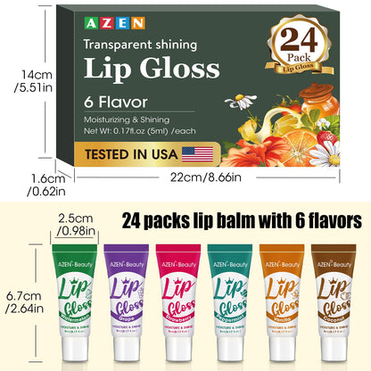 AZEN 24 Pack Lip Gloss Set, Clear Lip Gloss Bulk, Lip Oil for Dry Cracked Lips Moisturizing Hydrating Nourishing with Vitamin E AZEN