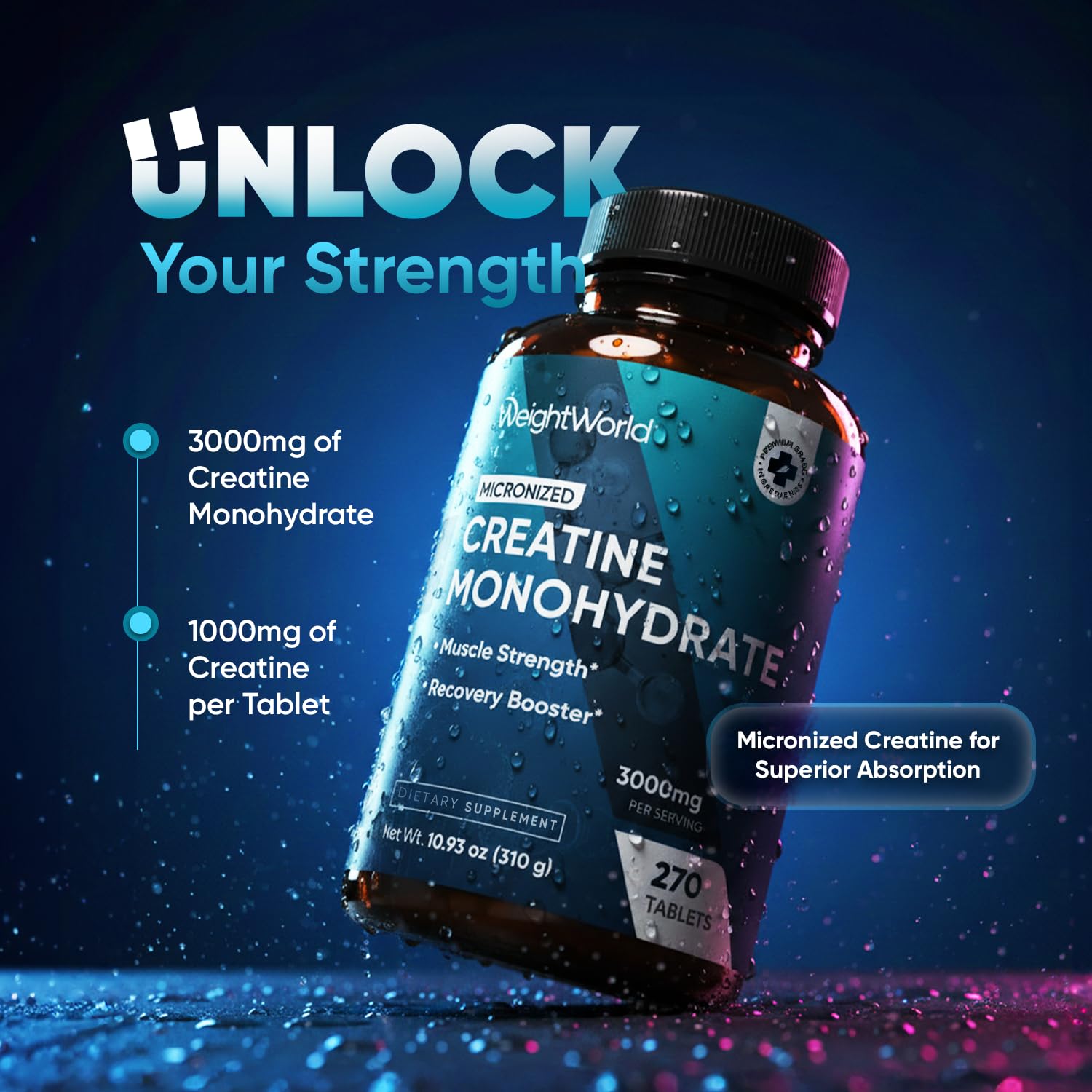 WeightWorld Micronized Creatine Monohydrate 3000mg Tablets - Muscle Growth, Strength, Energy & Recovery | Pre Workout Creatine for Women & Men | 1000mg per Tab WeightWorld buy australia supplements