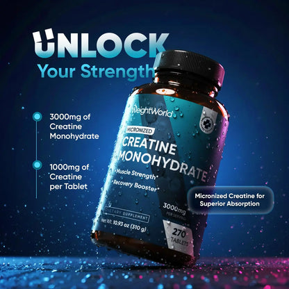 WeightWorld Micronized Creatine Monohydrate 3000mg Tablets - Muscle Growth, Strength, Energy & Recovery | Pre Workout Creatine for Women & Men | 1000mg per Tab WeightWorld