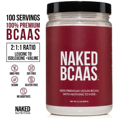 NAKED BCAAs Amino Acids Powder, Only 1 Ingredient, Pure 2:1:1 Formula, Vegan Unflavored Branched Chain Amino Acids, Instantized All Natural BCAA Supplement - 500 Grams, 100 Servings NAKED