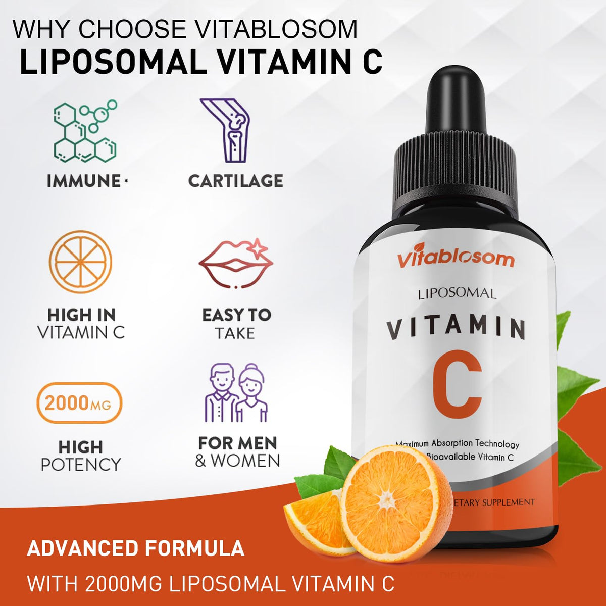 Vitablosom Liposomal Vitamin C 2000mg Liquid for Adults, High Absorption VIT C, Maximize Vitamin C, Immune System & Antioxidant Support, 60ML (2 Bottle) Vitablosom