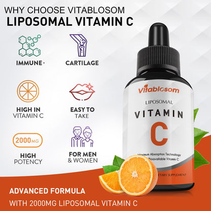 Vitablosom Liposomal Vitamin C 2000mg Liquid for Adults, High Absorption VIT C, Maximize Vitamin C, Immune System & Antioxidant Support, 60ML (2 Bottle) Vitablosom
