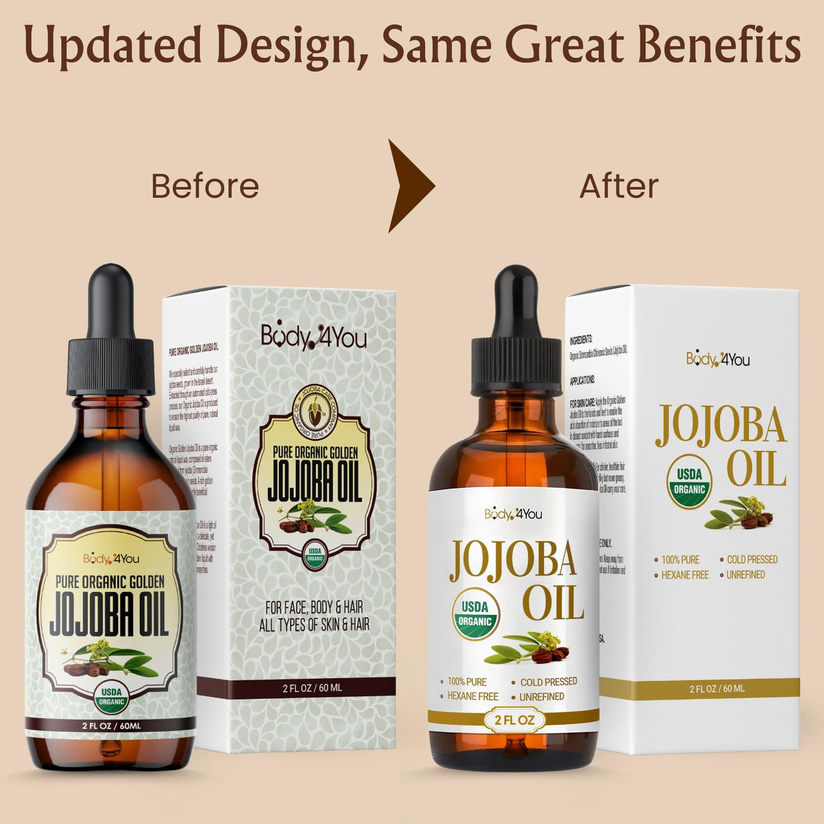 BodyJ4You Organic Golden Jojoba Oil - USDA 100% Pure Cold Pressed Unrefined BodyJ4You
