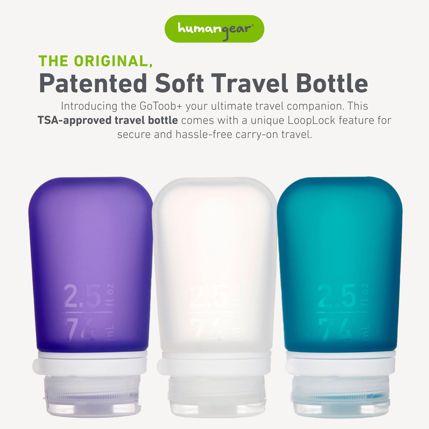 humangear GoToob+ 3-Pack, Large (3.4 fl oz), Clear/Purple/Teal | Refillable & Leak-Proof Silicone Travel Size Bottles with Locking Cap for Toiletries, Camping & TSA Carry-On Gsupps Australia