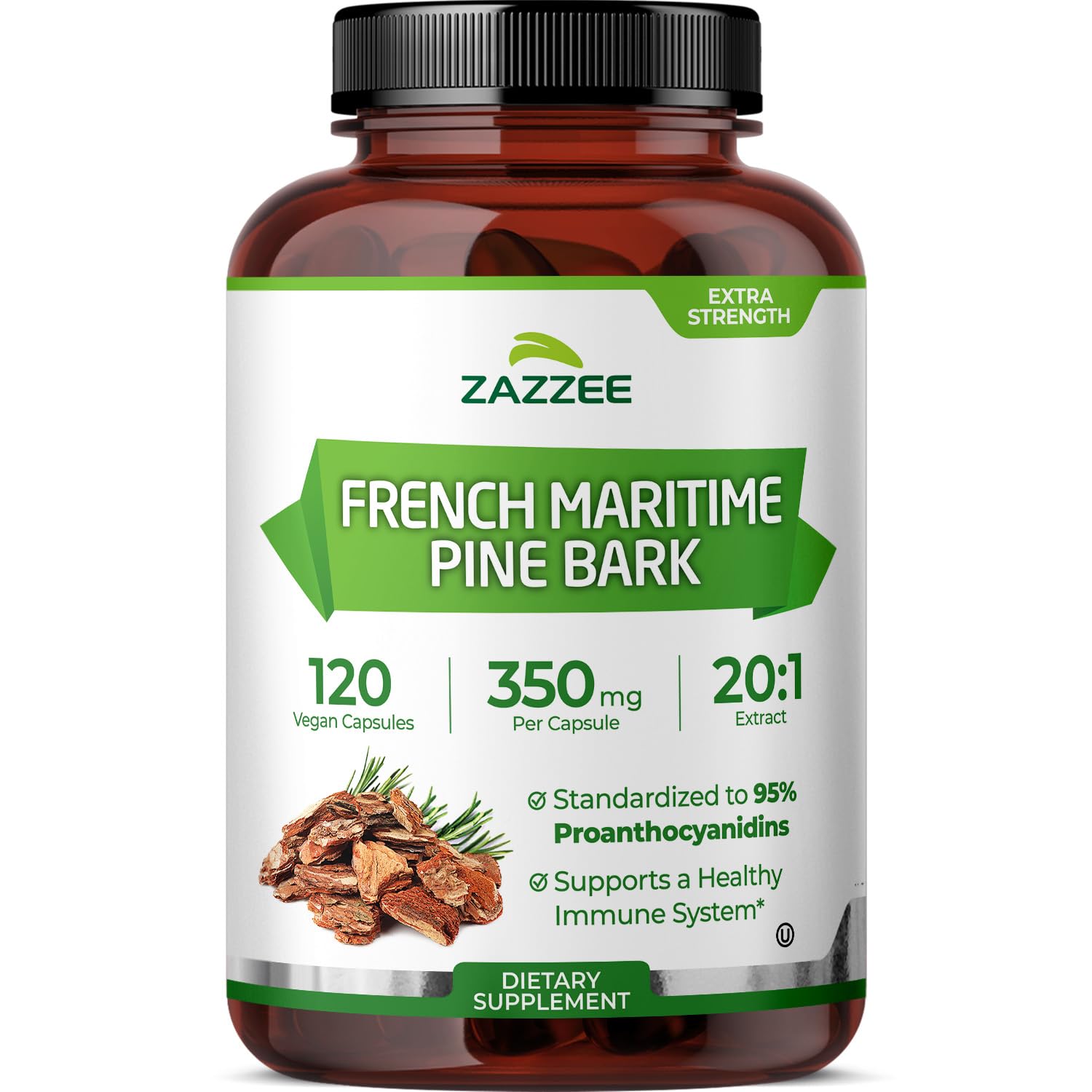 Zazzee Extra Strength French Maritime Pine Bark Extract 20:1, 180 Capsules | 350 mg Per Capsule, 95% Proanthocyanidins, Vegan, 6 Month Supply, Certified Kosher, Antioxidant Support, Non-GMO, Made in USA Gsupps Australia