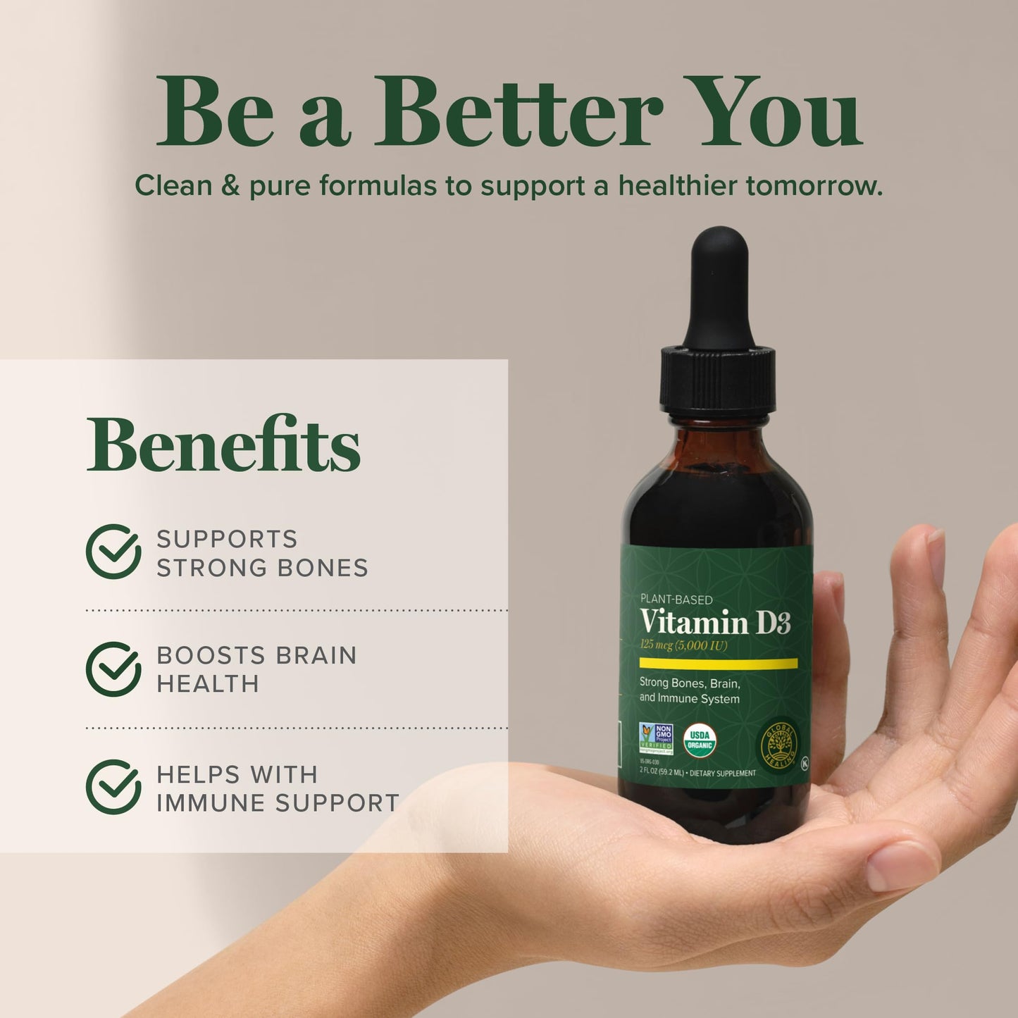 Global Healing Organic Vitamin D3 5000 IU Supplement - Vegan Vitamin D Supplements for Immune Health & Strong Bones Support - Pure D3 Vitamin 5000 IU Ingredients, VIT D3-2 Fl Oz