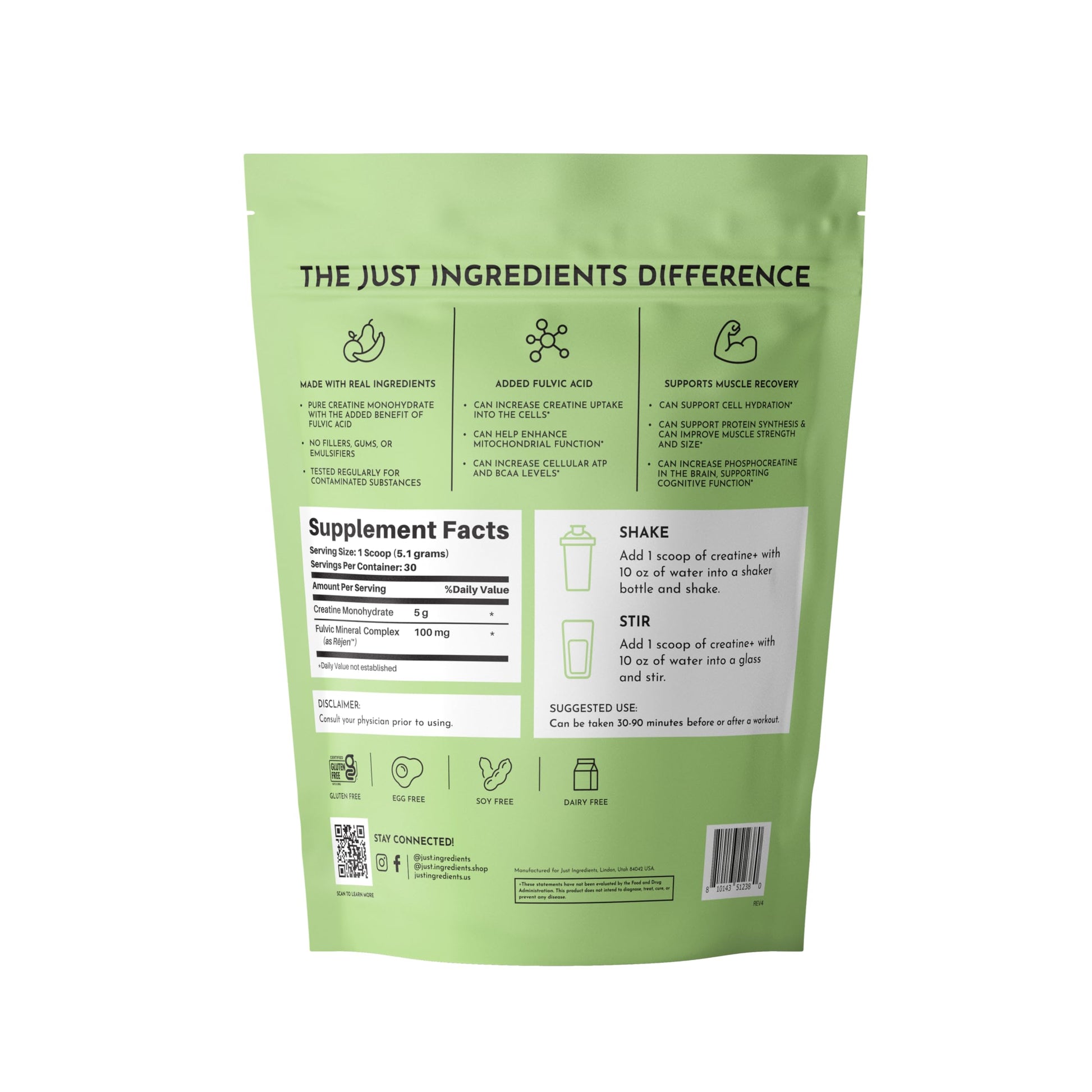 JUST INGREDIENTS Creatine Monohydrate Powder with Rejen Fulvic Mineral Complex - Supports Muscle Recovery, Energy, Strength, Cognitive Function - 30 Servings JUST INGREDIENTS buy australia supplements