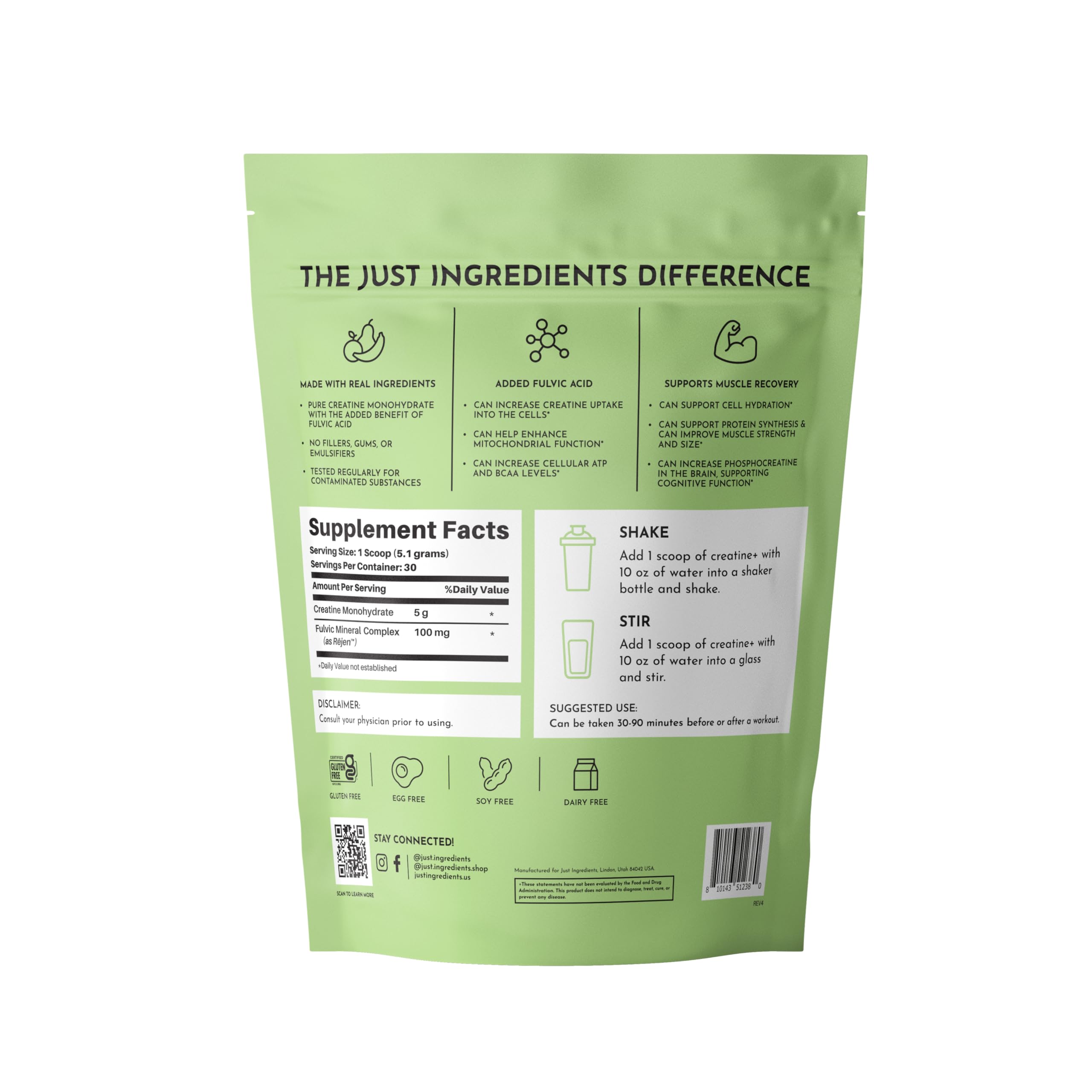 JUST INGREDIENTS Creatine Monohydrate Powder with Rejen Fulvic Mineral Complex - Supports Muscle Recovery, Energy, Strength, Cognitive Function - 30 Servings JUST INGREDIENTS buy australia supplements