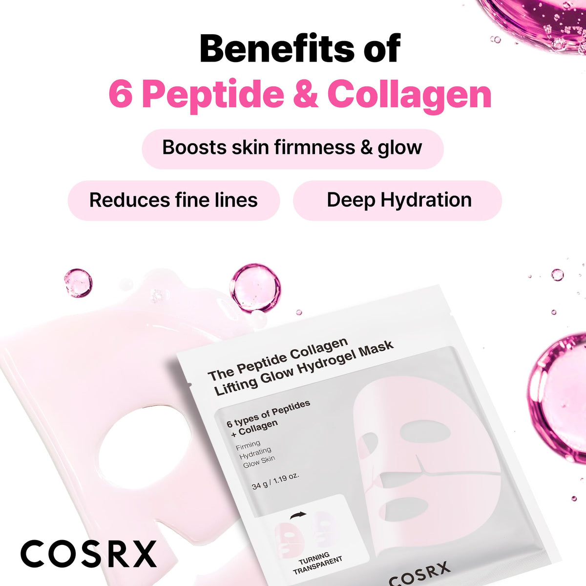 COSRX Pink Peptides Collagen Lifting Glow Hydrogel Face Masks 3 EA COSRX