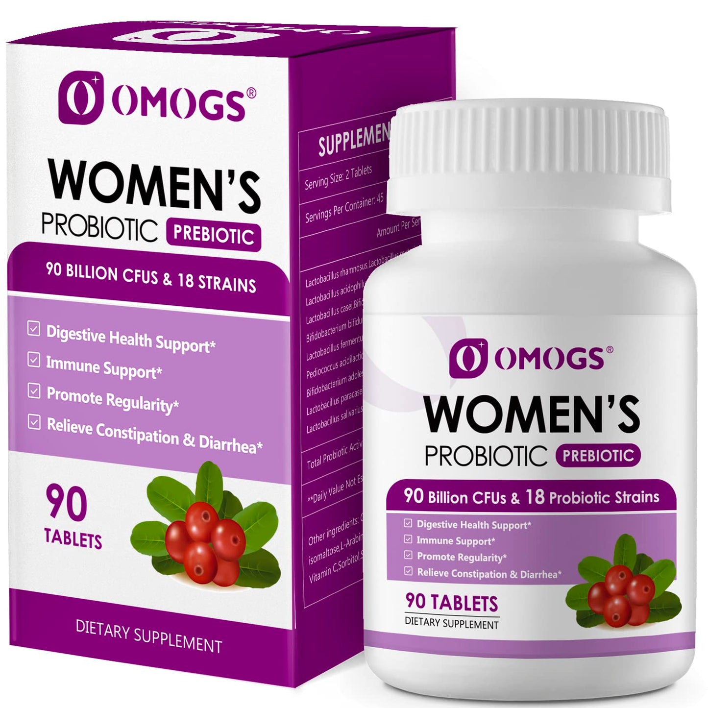 OMOGS Women's Probiotic, with Cranberry Extract, Organic Prebiotics & Vitamin C, 90 Billion CFUs,18 Strains, Help for Boost Immune, Digestive, Gut Health & Women's Health OMOGS