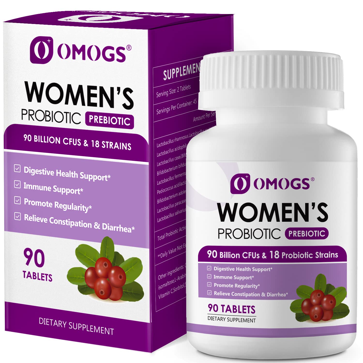 OMOGS Women's Probiotic, with Cranberry Extract, Organic Prebiotics & Vitamin C, 90 Billion CFUs,18 Strains, Help for Boost Immune, Digestive, Gut Health & Women's Health OMOGS