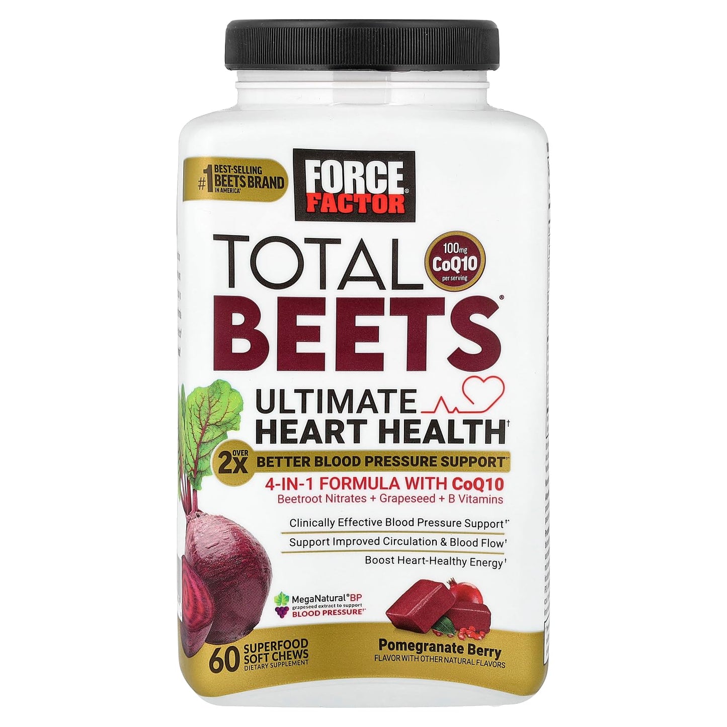 Force Factor Total Beets Ultimate Heart Health Chews for Blood Pressure Support, with Beetroot Powder, CoQ10, B Vitamins & Grapeseed Extract for Blood Flow & Energy Force Factor
