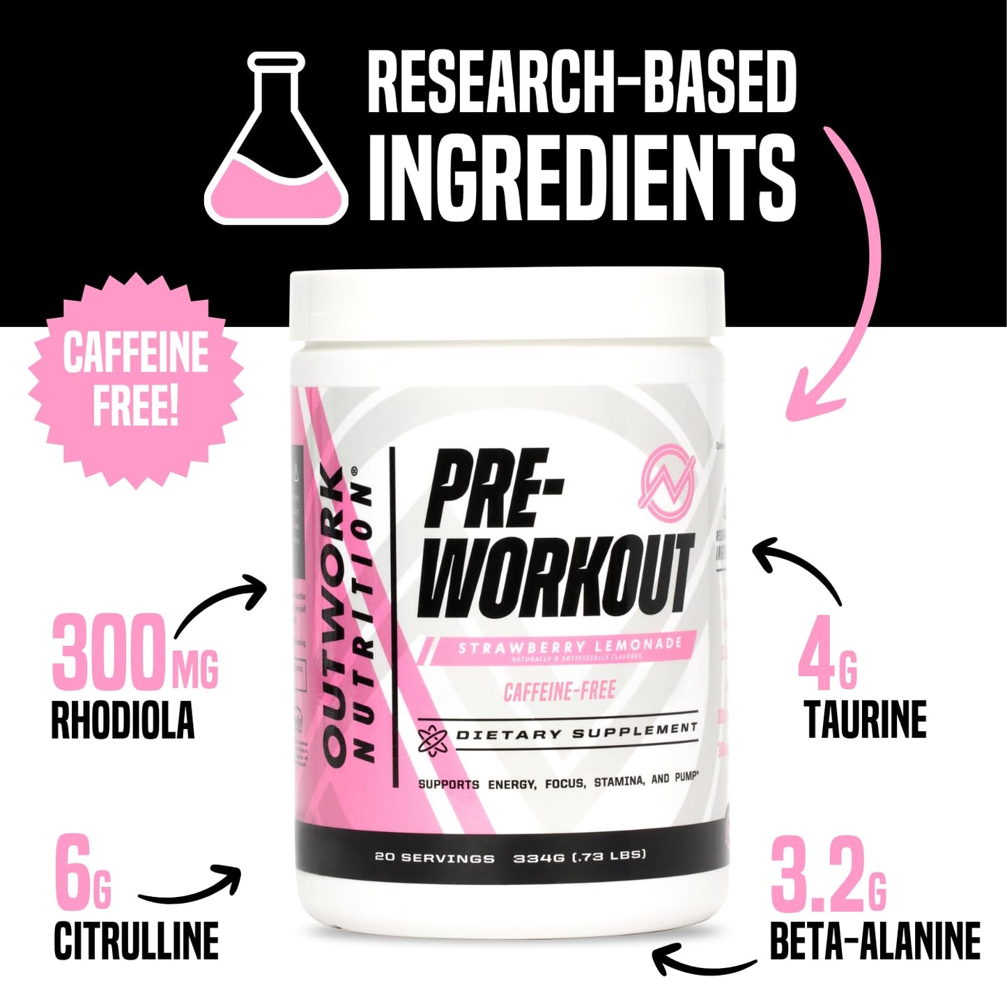 Outwork Nutrition Non-Stim Pre Workout Powder - Citrulline Malate, Beta-Alanine, Rhodiola Extract for Performance, Focus & Energy Boost - Preworkout for Men, Women (Caffeine Free, Tropical Candy)