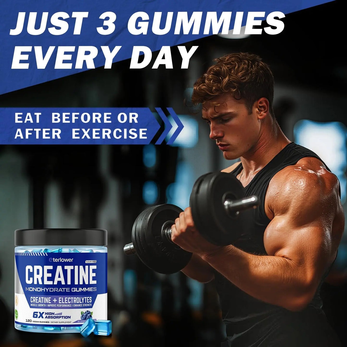 eterlower Creatine Monohydrate Gummies 5g – Pre-Workout Energy & Muscle Growth Support for Men & Women | Blueberry Electrolyte Gummies, 120 Count eterlower