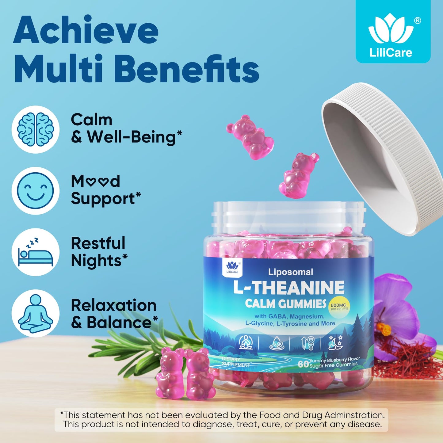 L Theanine Calm Gummies 500mg, Sugar-Free Liposomal L-Theanine Supplement, w/Safforn, Magnesium Glycinate, GABA, Ashwagandha, Algae Omega-3, Vitamin D3 B12 LILICARE
