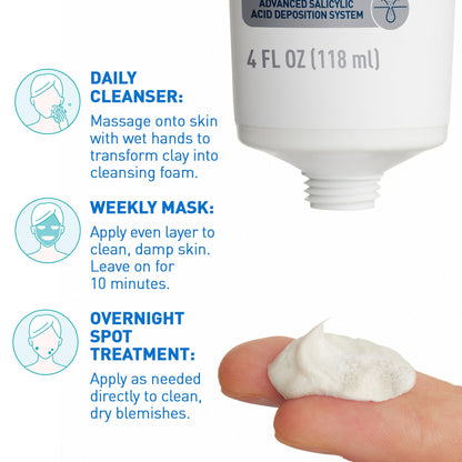 CeraVe Clay to Foam Acne Face Wash, Salicylic Acid Spot Treatment, 4 Oz CeraVe