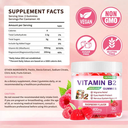 Vitamin B2 Gummies Riboflavin 400mg Supplement with Magnesium for Kids & Adults B2 Gummies for Migraine Relief, Headache Relief & Nervous System Support OUYIYUA