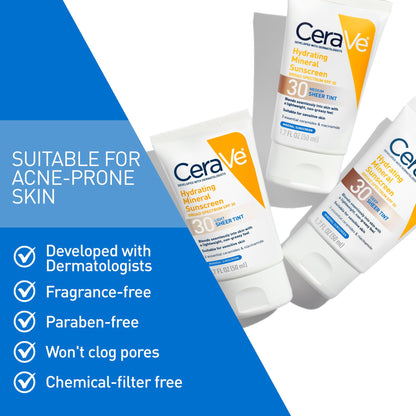 CeraVe Tinted Sunscreen for Face, Mineral SPF 30 Moisturizer, Medium, 1.7oz CeraVe