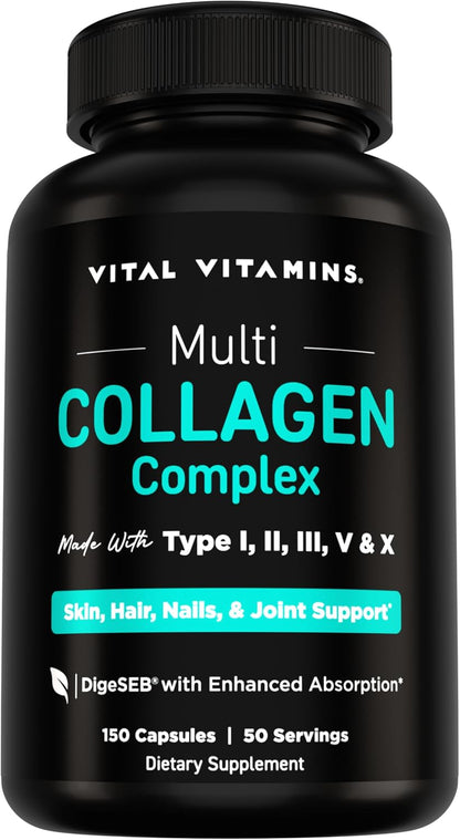Vital Vitamins Multi Collagen Peptides Complex for Women & Men, 150 Pills | Supports Skin, Hair & Nails, 5 Collagen Types I II III V & X, Grass-Fed Non-GMO Collagen Supplements Gsupps Australia
