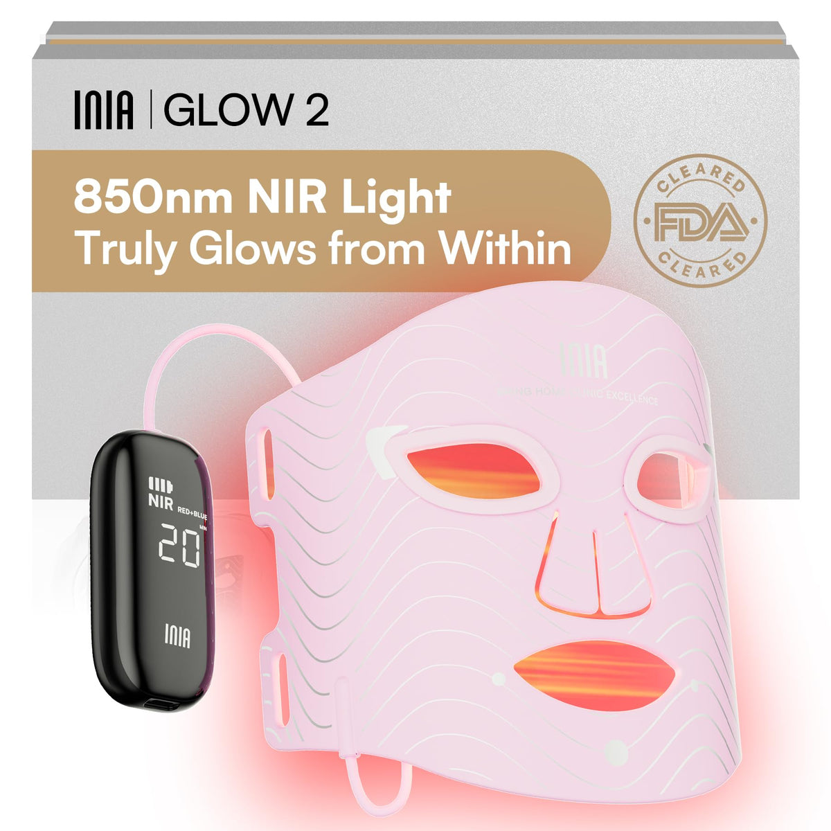 INIA Red Light Therapy Mask for Face, 850nm NIR, Red/Blue LED Light 4 Modes INIA