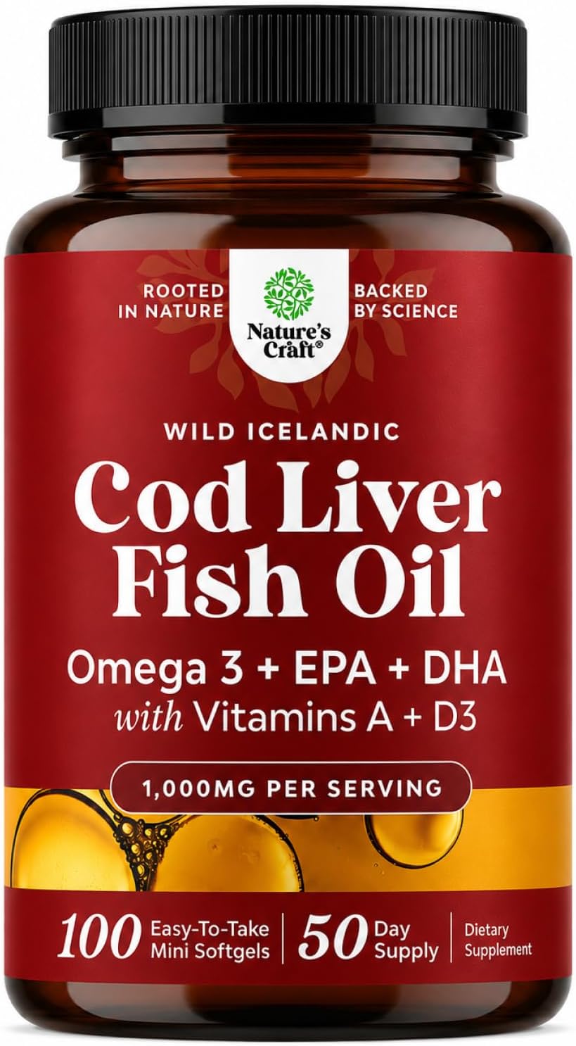 Cod Liver Oil Capsules, Omega 3 Fish Oil, 100 Mini Softgels | 1,000 mg per 2-softgel serving with 240 mg total omega-3s, EPA & DHA, vitamins A & D3, from wild-caught Icelandic cod Gsupps Australia