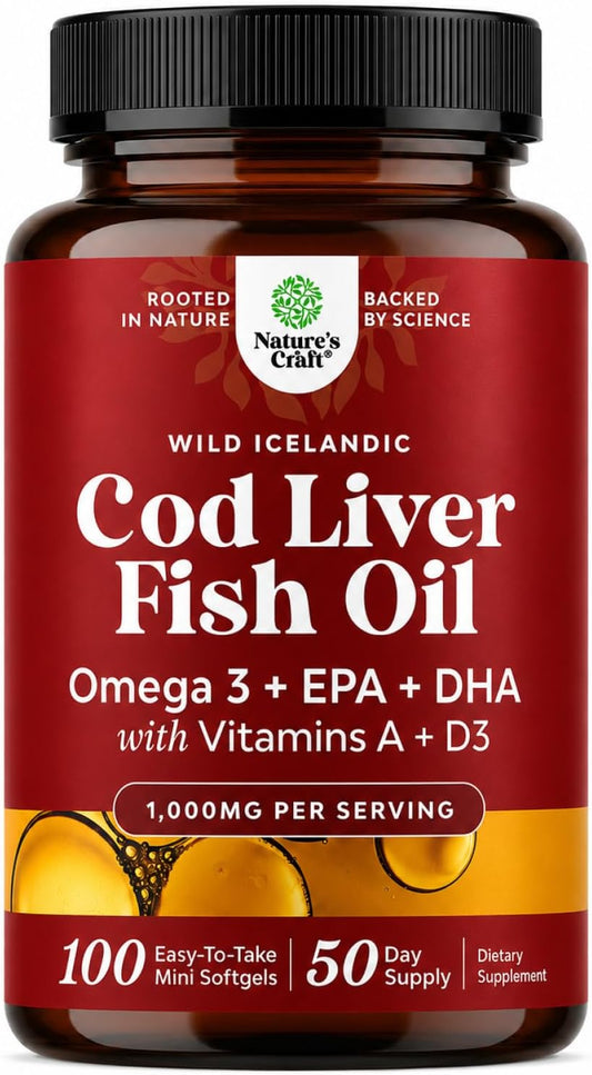 Cod Liver Oil Capsules, Omega 3 Fish Oil, 100 Mini Softgels | 1,000 mg per 2-softgel serving with 240 mg total omega-3s, EPA & DHA, vitamins A & D3, from wild-caught Icelandic cod Gsupps Australia