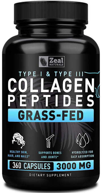 Zeal Naturals Collagen Peptides Collagen Pills (360 Capsules) Grass Fed Collagen Pepetide Powder - Hydrolyzed Collagen Powder for JointTendon SupplementHair Skin and Nails - Zeal Naturals buy australia supplements