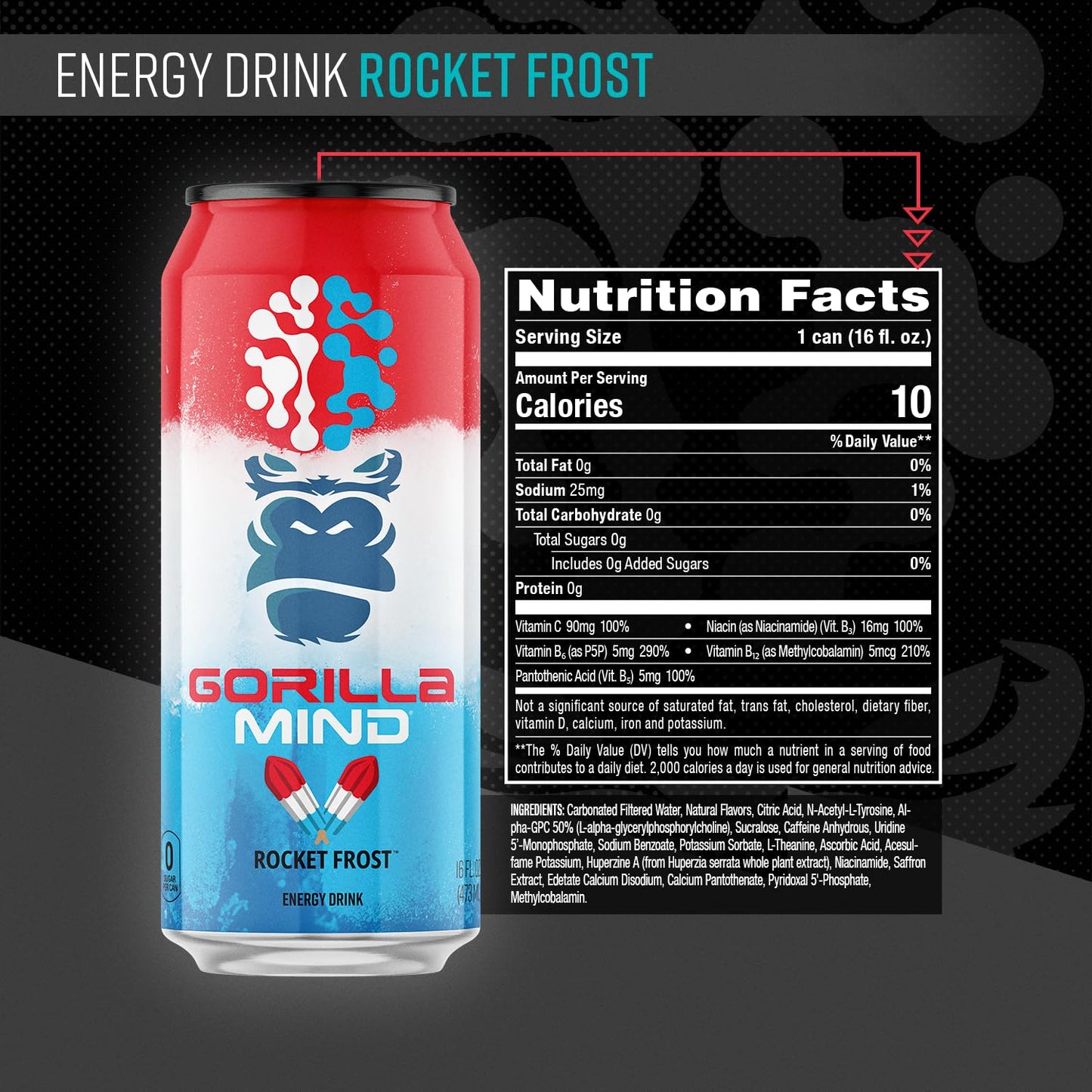 Gorilla Mind Energy Drink | Unmatched Energy · Amplified Focus | N-Acetyl-L-Tyrosine, Alpha-GPC, 200mg Caffeine, Uridine, Saffron | 0 Sugar Or Artificial Colors | 16oz, 12-Pack (Black Cherry Vanilla)