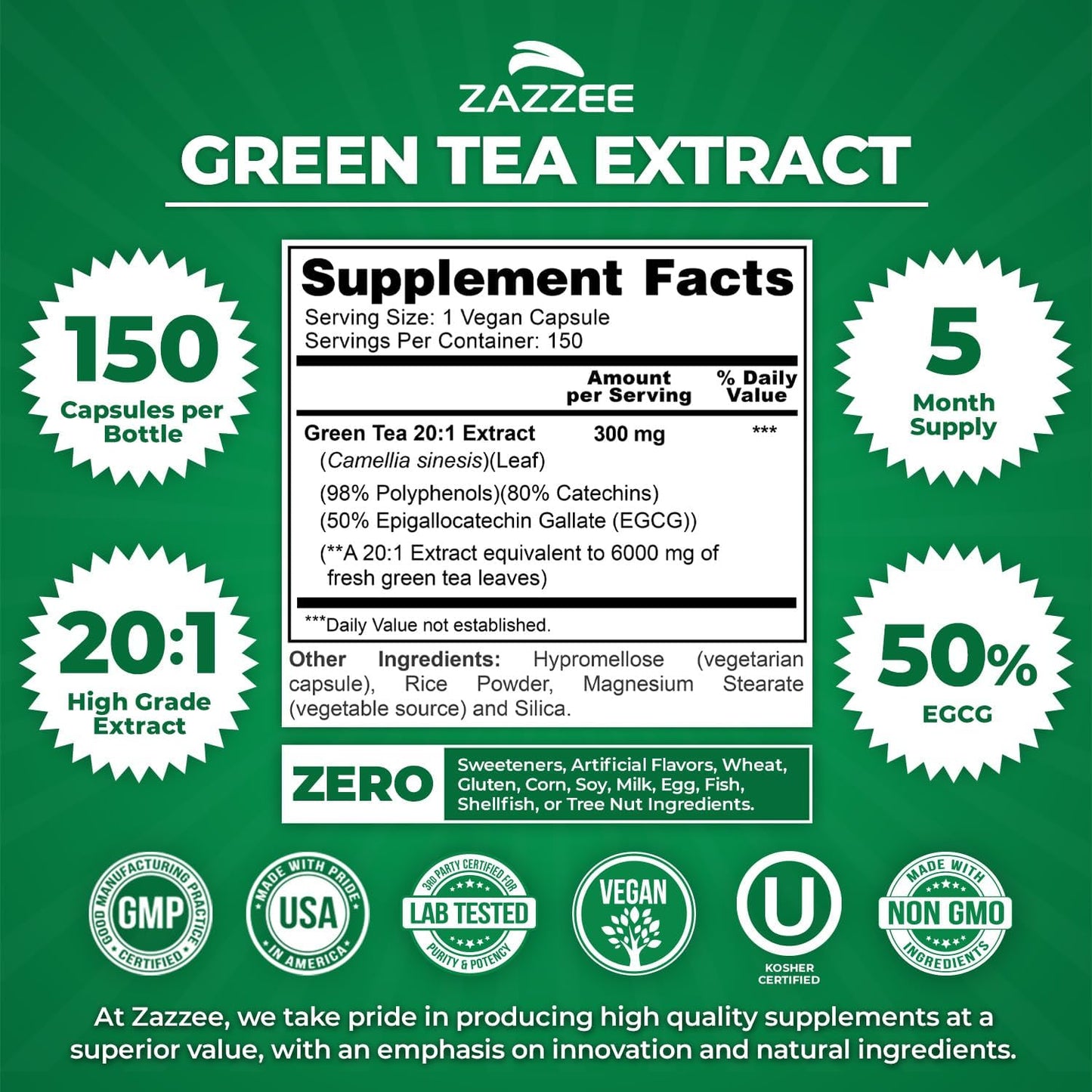 Zazzee Extra Strength Green Tea 20:1 Extract, 50% EGCG, 150 Vegan Capsules | 98% Polyphenols, 80% Catechins, 5 Month Supply, Certified Kosher, Antioxidant & Metabolism Support, Non-GMO, Made in the USA Gsupps Australia