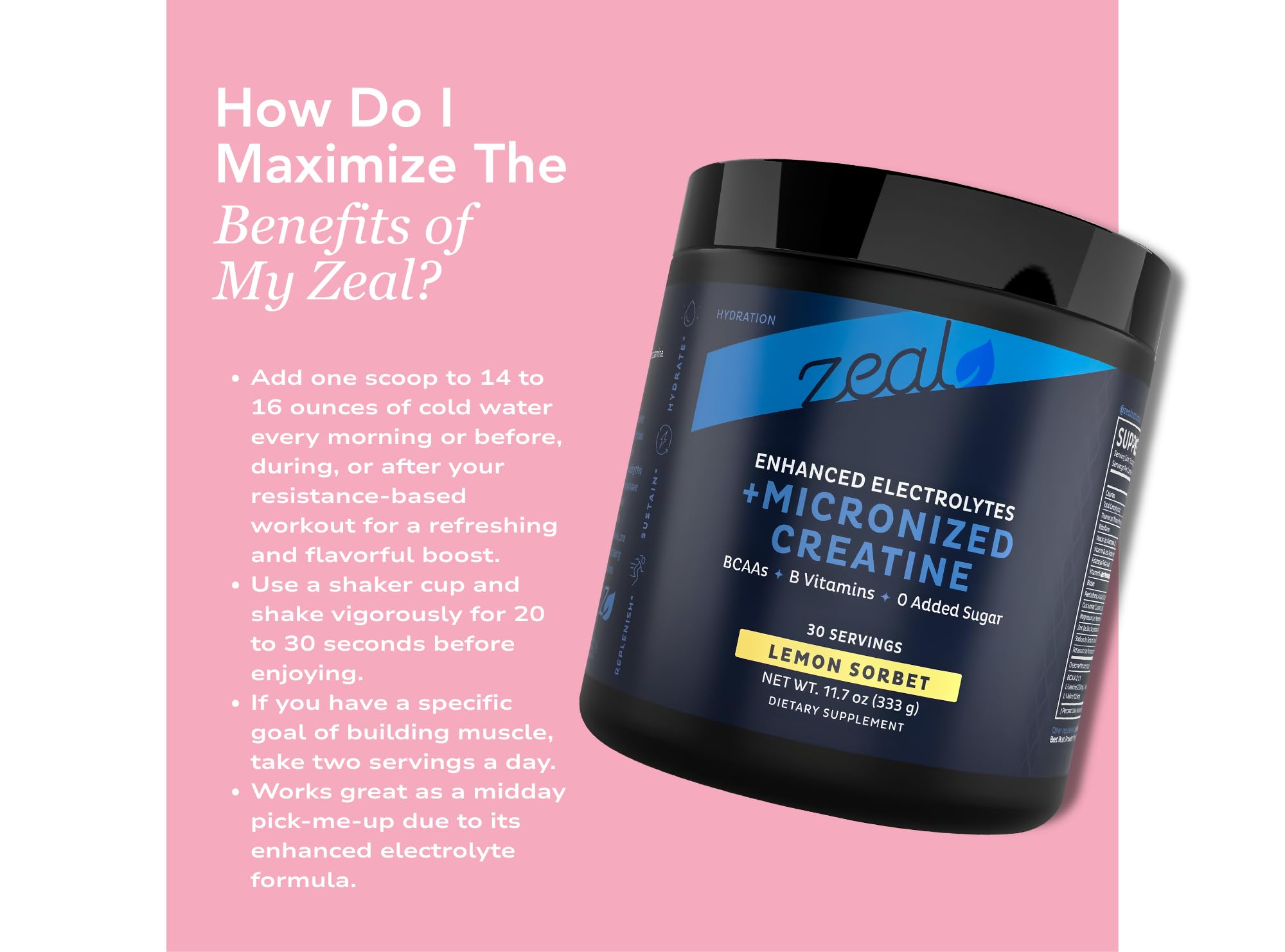 Zeal Naturals Creatine with Electrolytes & Brain Health Nootropics - 30 Servings | Women's Support for Energy, Strength, Focus, & Hydration with B Vitamins | Lemon Sorbet | Zero Sugar No Bloat Formula Zeal Naturals buy australia supplements
