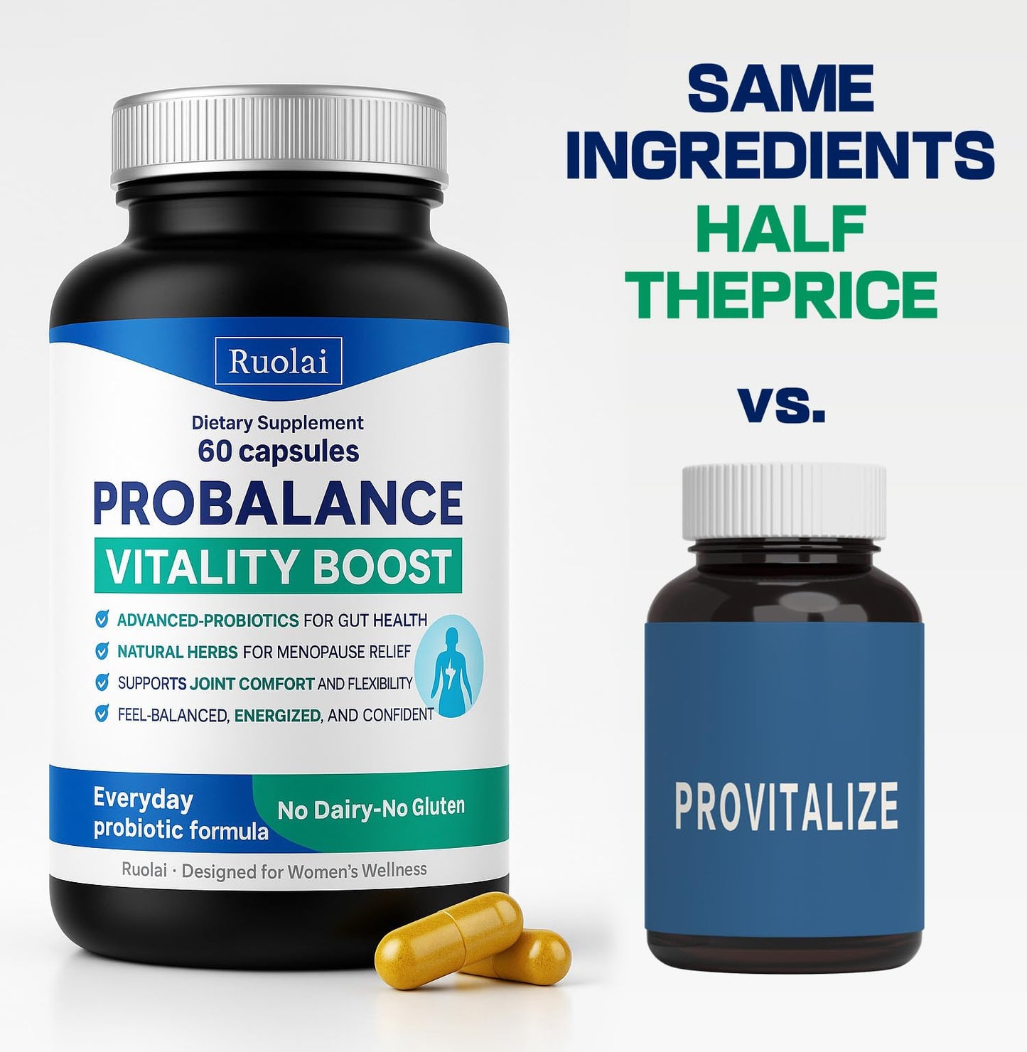Ruolai ProBalance Probiotics for Women 68B CFU – Menopause, Bloat & Belly Support – Turmeric & Moringa Ruolai