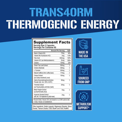 EVL Thermogenic Fat Burner Support - Fast Acting Weight Loss Energy and Appetite Support - Trans4orm Green Tea Supplement Evlution