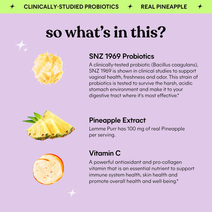 Lemme Purr Vaginal Probiotic Gummies for Women - Balanced pH, Healthy Odor, Yeast Balance & Flora Support + Vitamin C for Immune Health - Tasty Pineapple (60 Count)