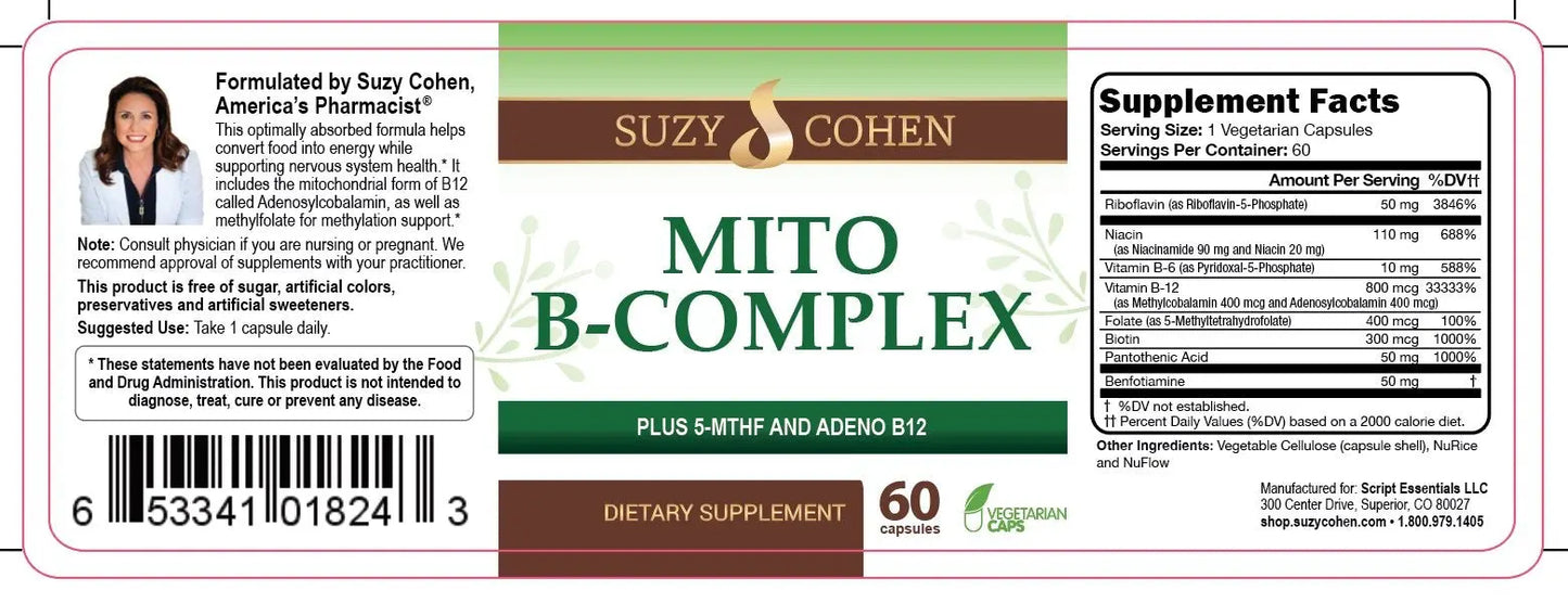Script Essentials Suzy Cohen, Mito B Complex Dietary Supplement, 5-MTHF, Adeno B12, Methylation Support, Supports Healthy Nervous System Script Essentials