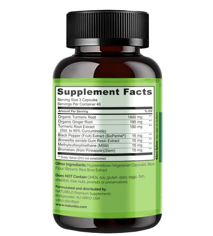 NATURELO Turmeric Curcumin - BioPerine for Better Absorption - Black Pepper, Ginger Root, Curcuminoids - Plant-Based Joint Discomfort Support NATURELO