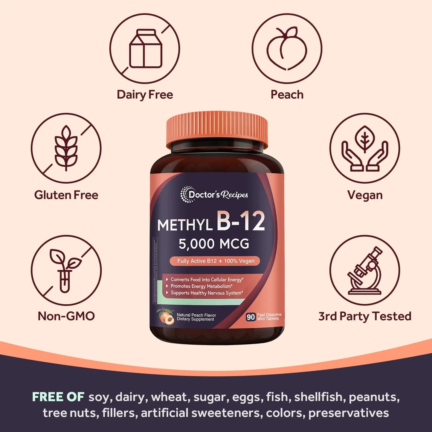 Doctor's Recipes Vitamin B12, Methylcobalamin 5000 mcg 90 Fast Dissolve Tablets, Natural Peach Flavor, Vegan Methyl, Energy Metabolism & Nervous System Doctor's Recipes