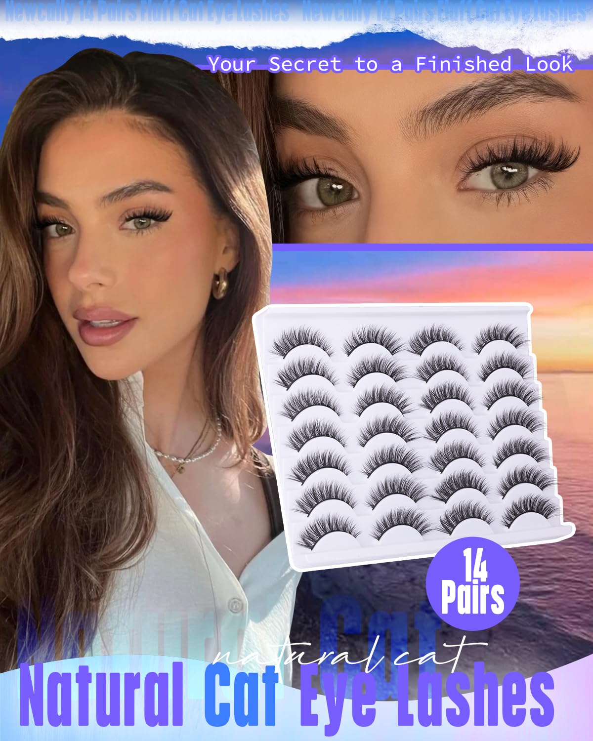 Newcally Lashes False Eyelashes Cat Eyes Wispy Natural Faux Mink Lashes 14 Pairs Pack Light Volume Short Fake Eye Lashes Multipack Newcally