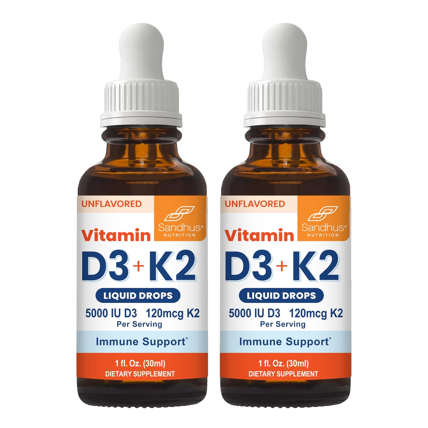 Sandhu's Vitamin D3 K2 Drops for Adults | 5000 IU D3 Liquid, 120mcg K2 Supplement 1 Fl Oz (Pack of 2) | D3K2 Supports Superior Absorption Sandhu's