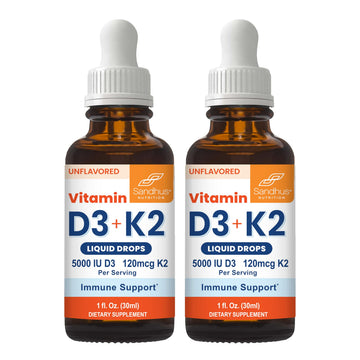 Sandhu's Vitamin D3 K2 Drops for Adults | 5000 IU D3 Liquid, 120mcg K2 Supplement 1 Fl Oz (Pack of 2) | D3K2 Supports Superior Absorption