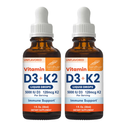Sandhu's Vitamin D3 K2 Drops for Adults | 5000 IU D3 Liquid, 120mcg K2 Supplement 1 Fl Oz (Pack of 2) | D3K2 Supports Superior Absorption Sandhu's