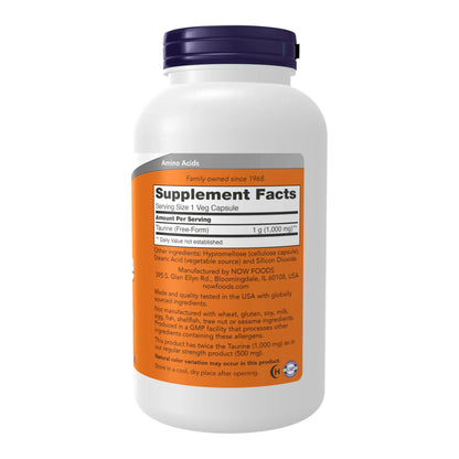 NOW Foods Supplements, Taurine 1,000 mg, Double Strength, Nervous System Health*, 250 Veg Capsules NOW Foods